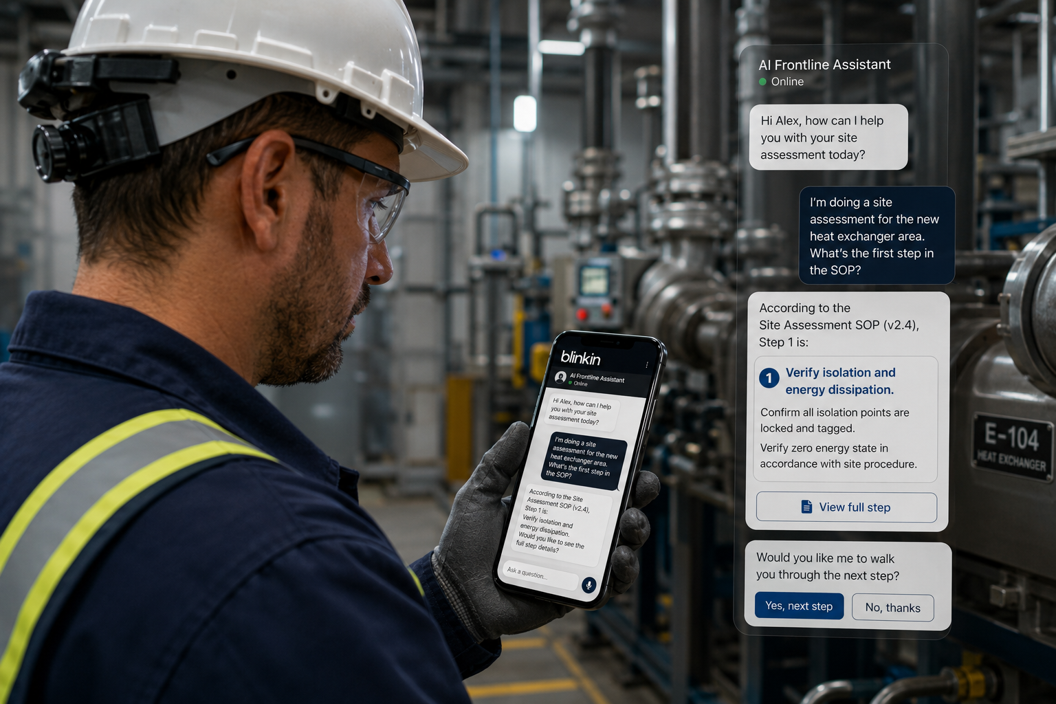 Technician using a Blinkin AI assistant during an industrial site assessment