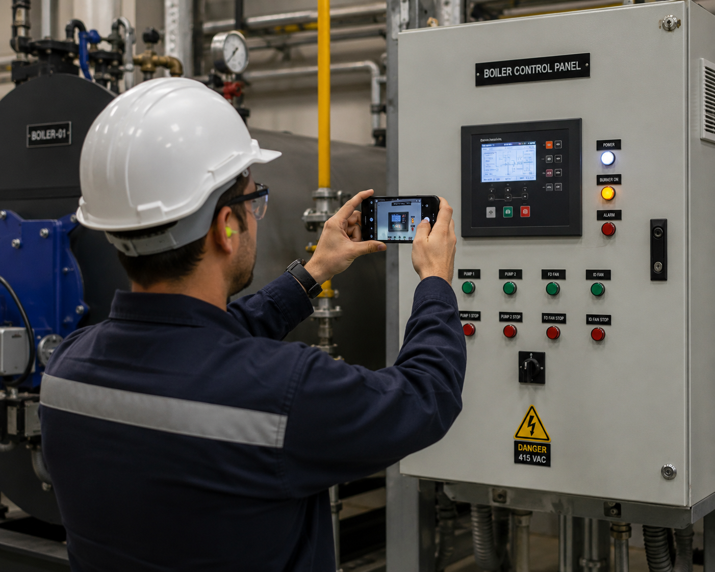 Technician documenting an industrial control panel with a mobile device